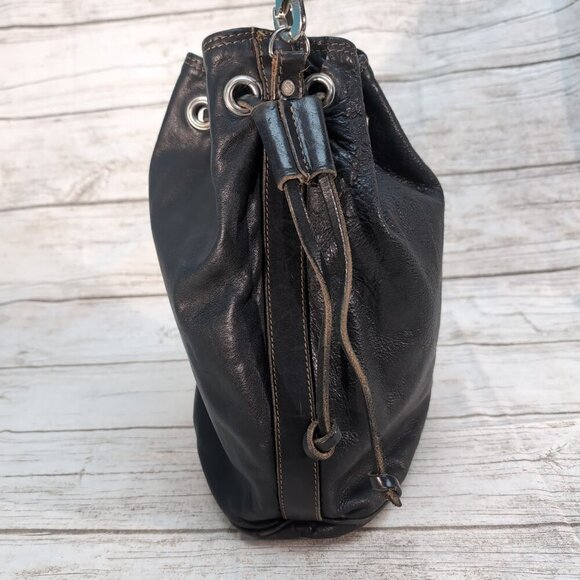 Rugby Bags Black Leather Vintage Made in Canada Draw String Bucket Bag - Picture 4 of 9